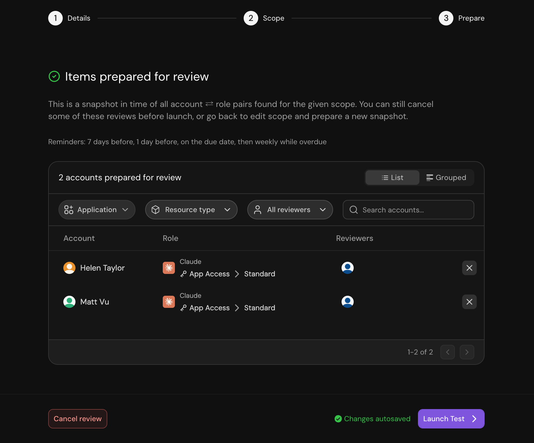 Prepare step listing the prepared account-role grants with assigned reviewers