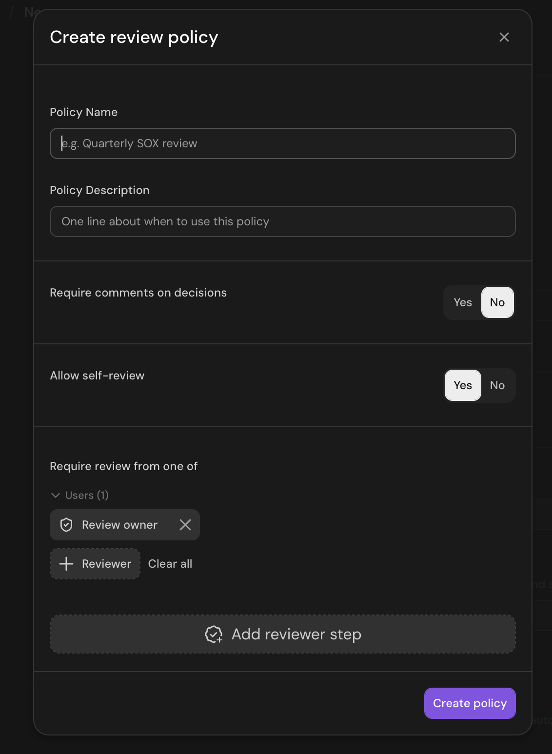 Create review policy dialog with Policy Name, Require comments on decisions, Allow self-review, and reviewer steps