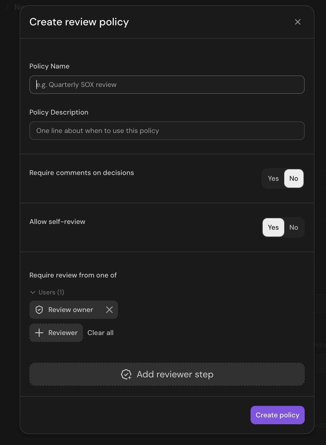 Create review policy dialog with Policy Name, Require comments on decisions, Allow self-review, and reviewer steps