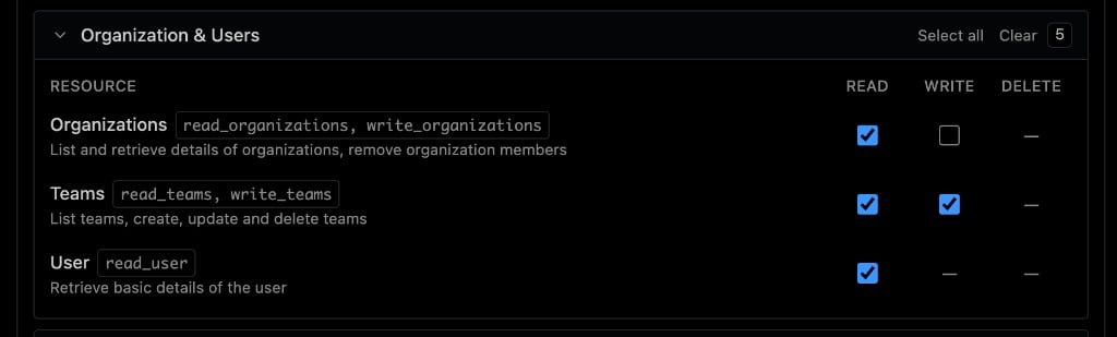 Buildkite API token permissions: Organizations Read, Teams Read and Write, User Read