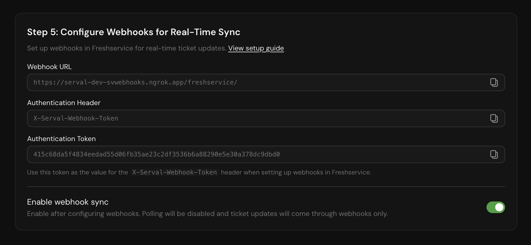 Serval webhook configuration panel showing the webhook URL, authentication header name, and authentication token