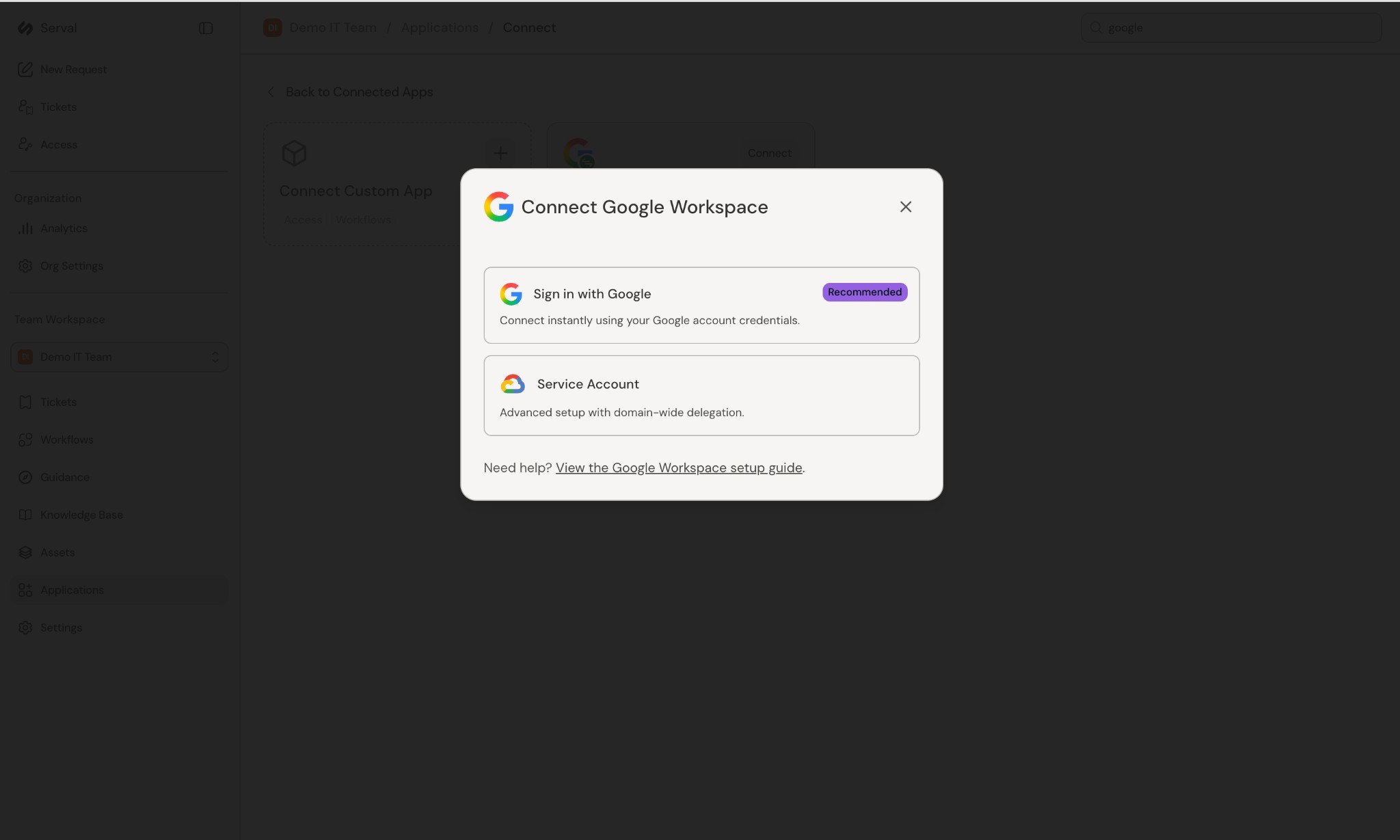 Google Workspace connection option in Serval Apps page