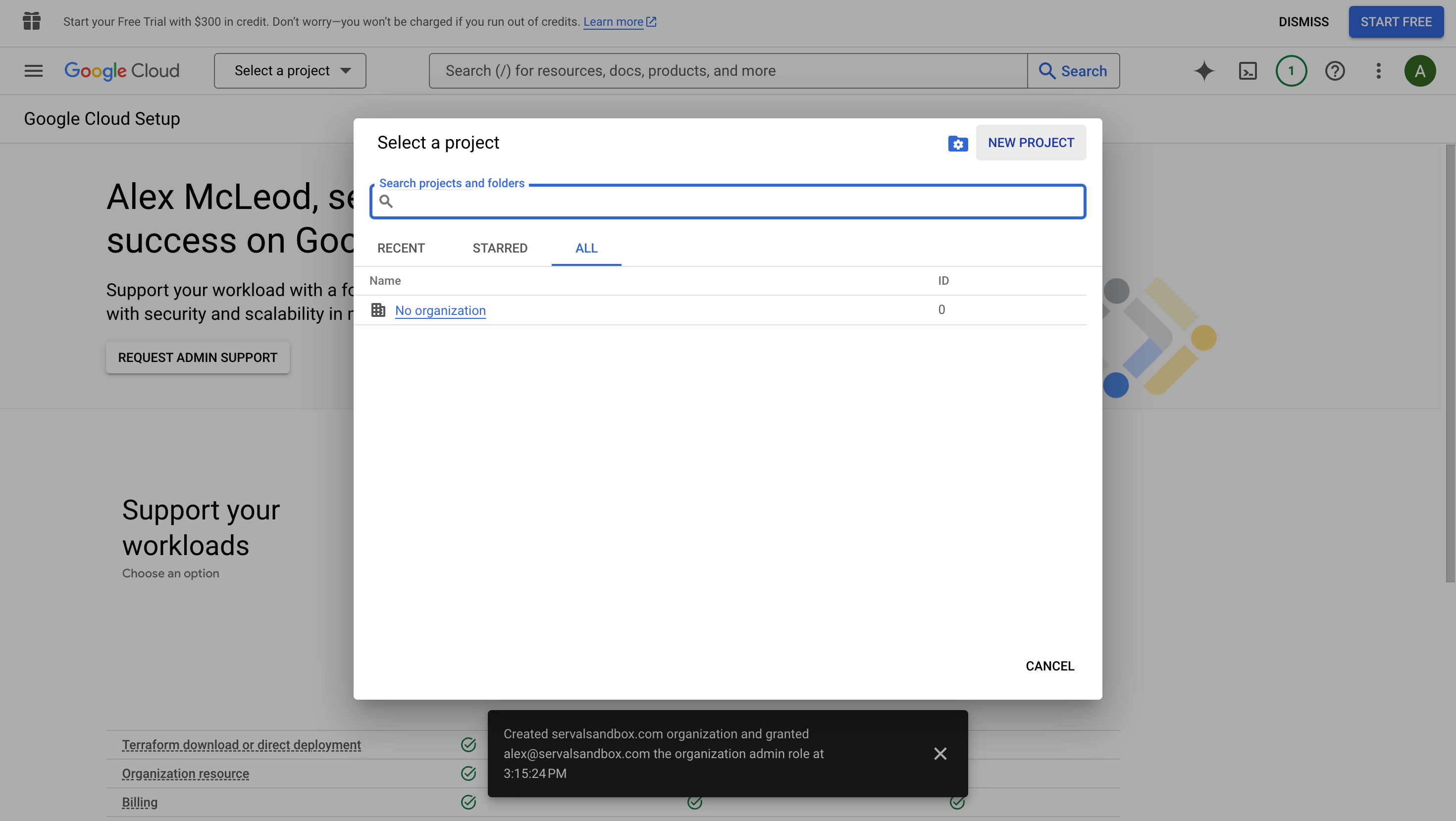 Google Cloud Console Select Project menu