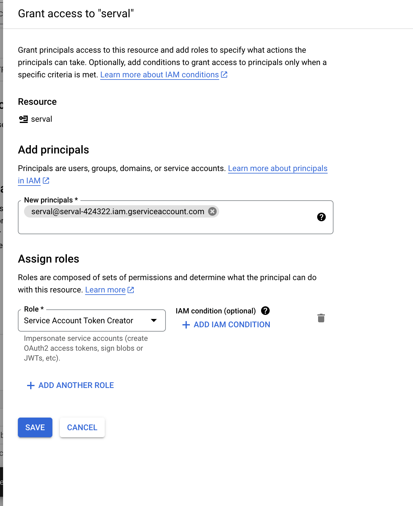 Google Cloud Service Account Token Creator role selection