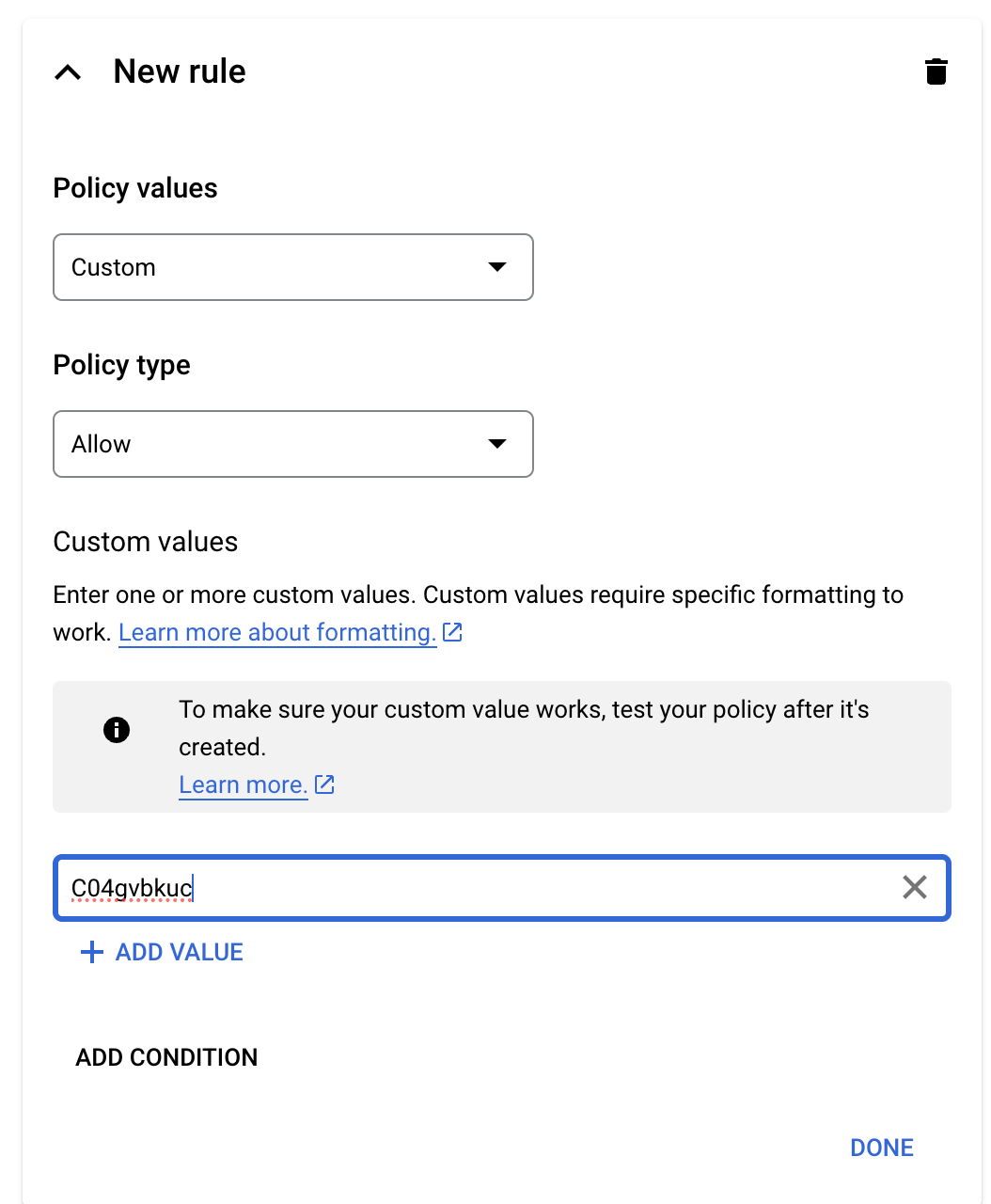 Google Cloud organization policy custom rule configuration