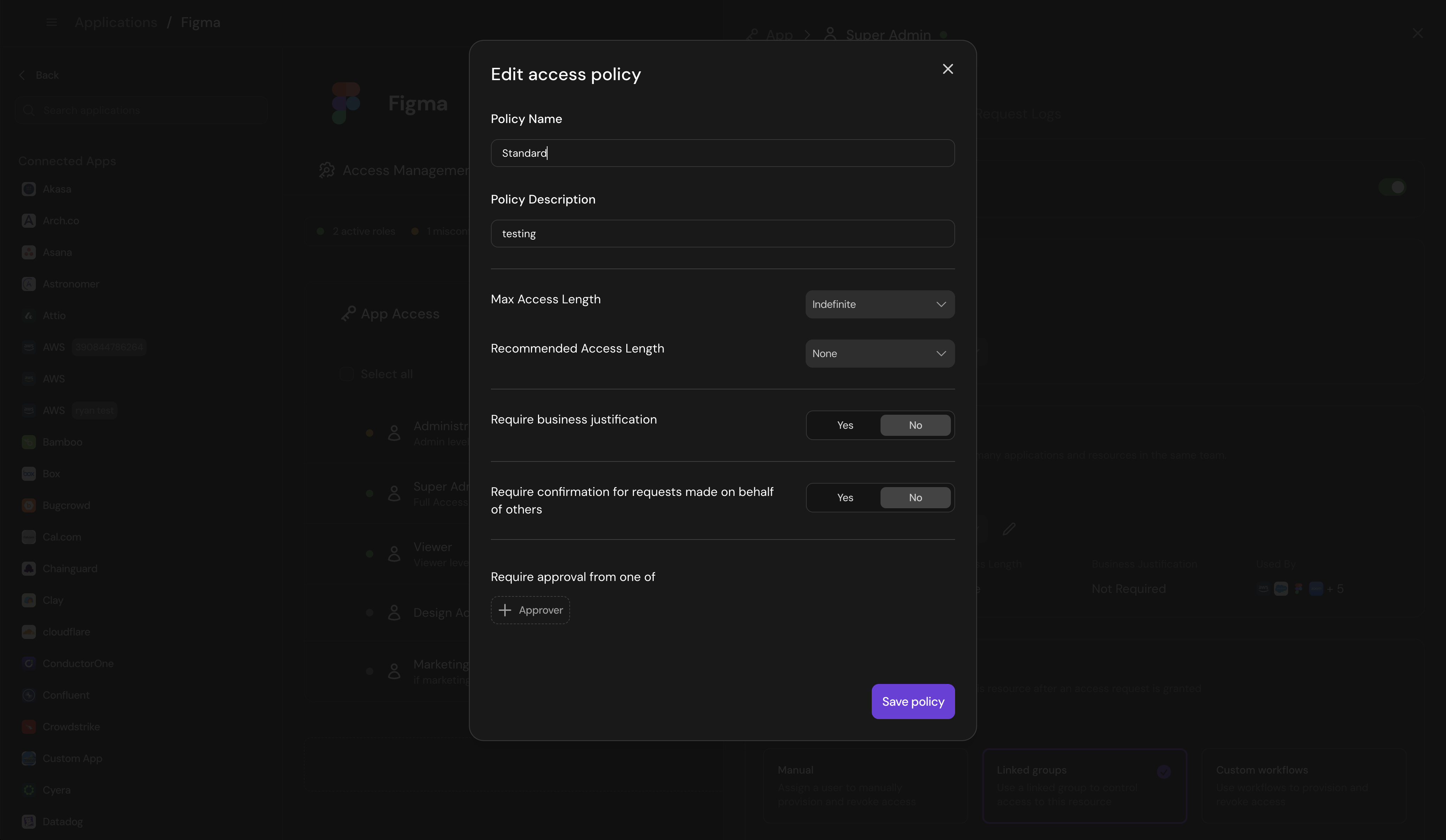 Create access policy dialog