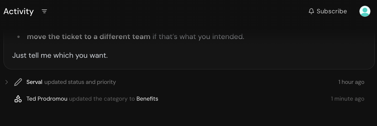 Ticket activity feed showing a category change event