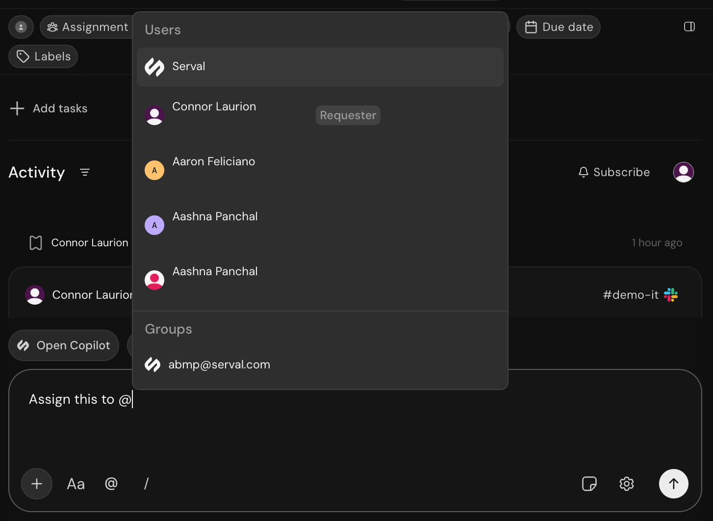 Using @ mention to reassign