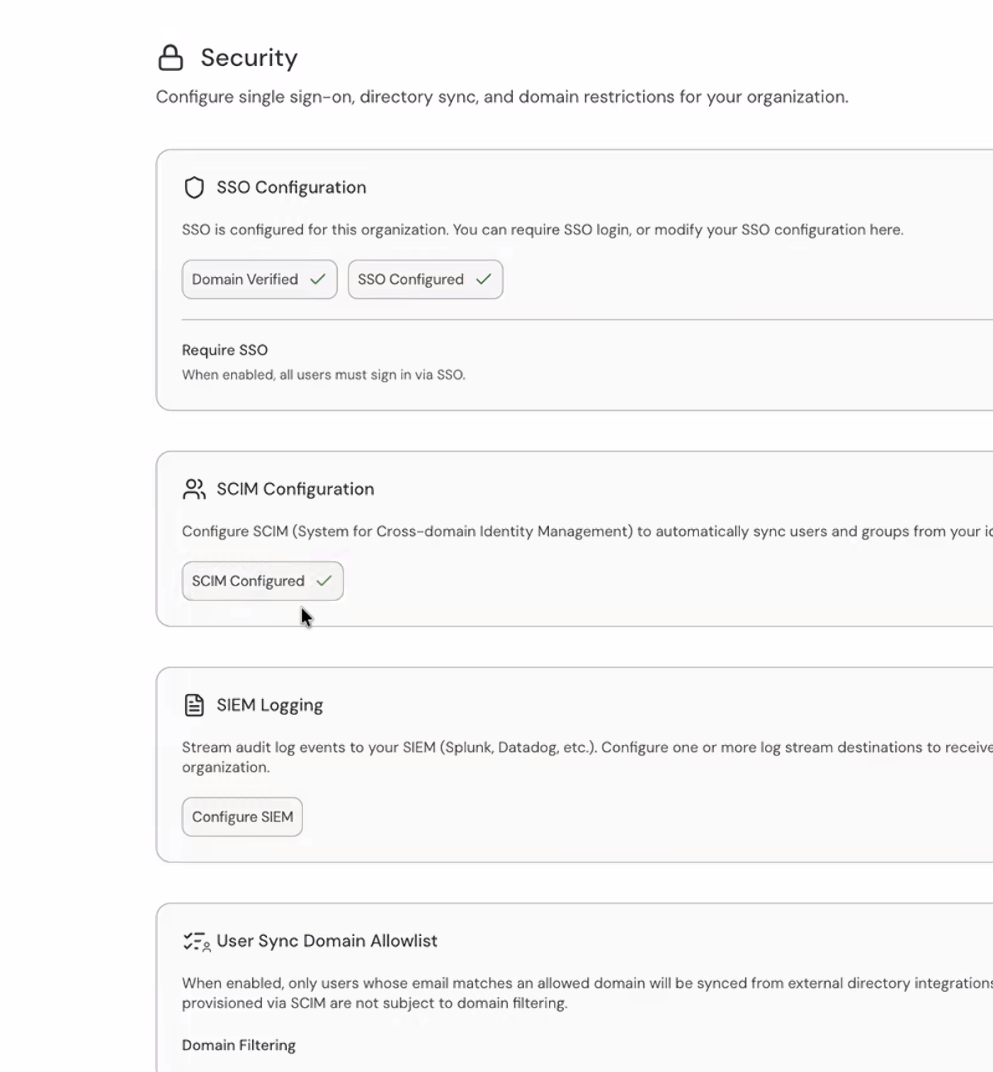 Security settings showing the SIEM Logging section with a Configure SIEM button