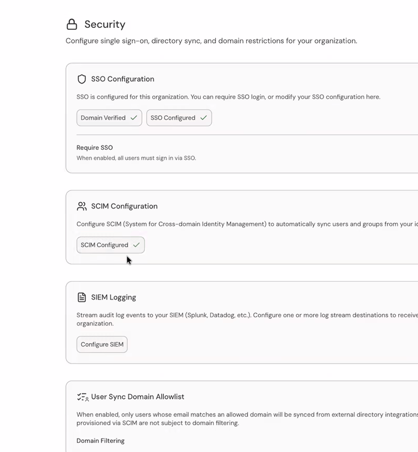 Security settings showing the SIEM Logging section with a Configure SIEM button