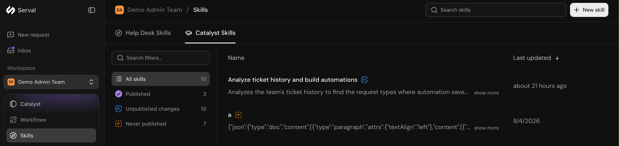 Skills page with the Catalyst Skills tab selected, showing the skill list and publish-status filters
