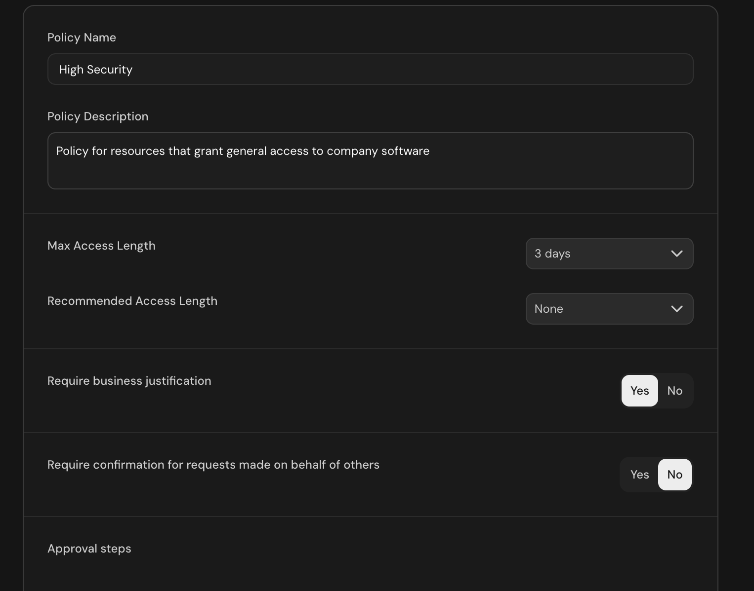 Access policy editor with duration, justification, and approval settings