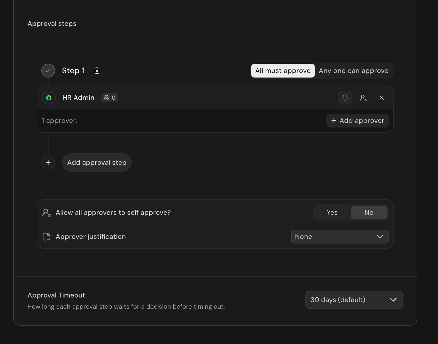 Access policy approval steps with a step rule, an approver, and self-approval and justification settings