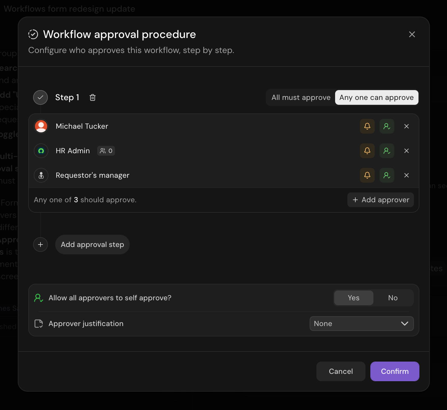 The workflow approval procedure dialog showing approval steps and their approvers