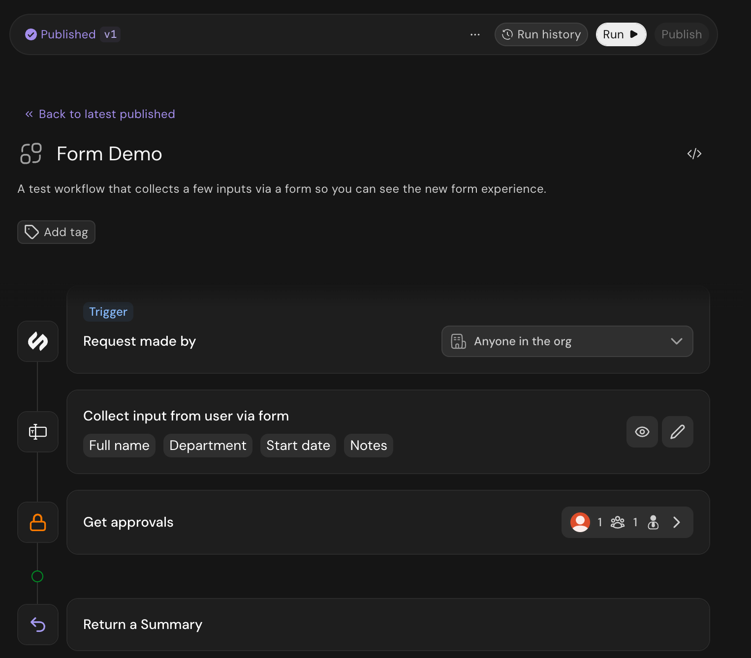 A workflow with a Get approvals step showing its approver summary and Configure button