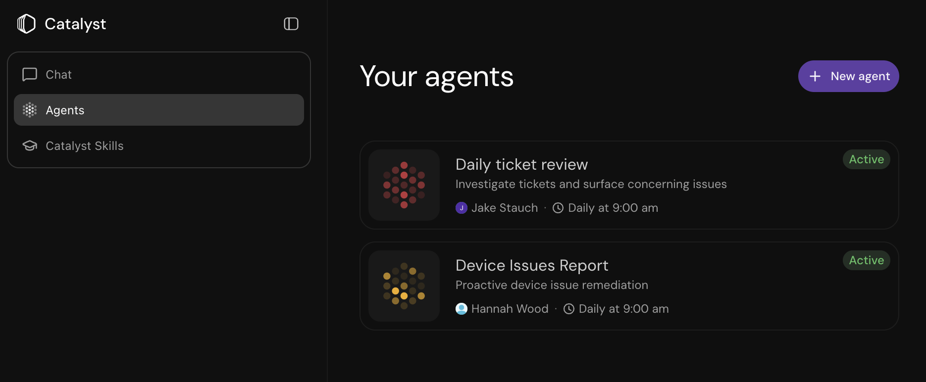 Catalyst Agents view showing scheduled agents with instructions, schedules, and status