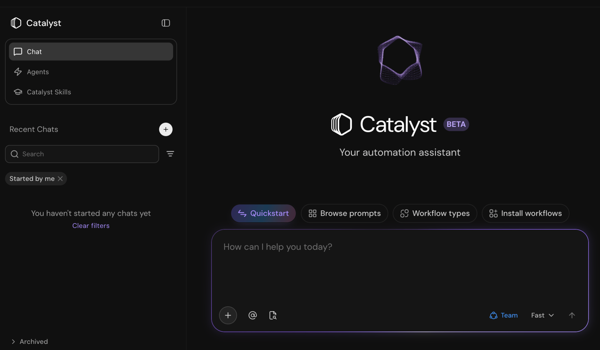 Catalyst chat view showing the sidebar, Quickstart buttons, and message composer