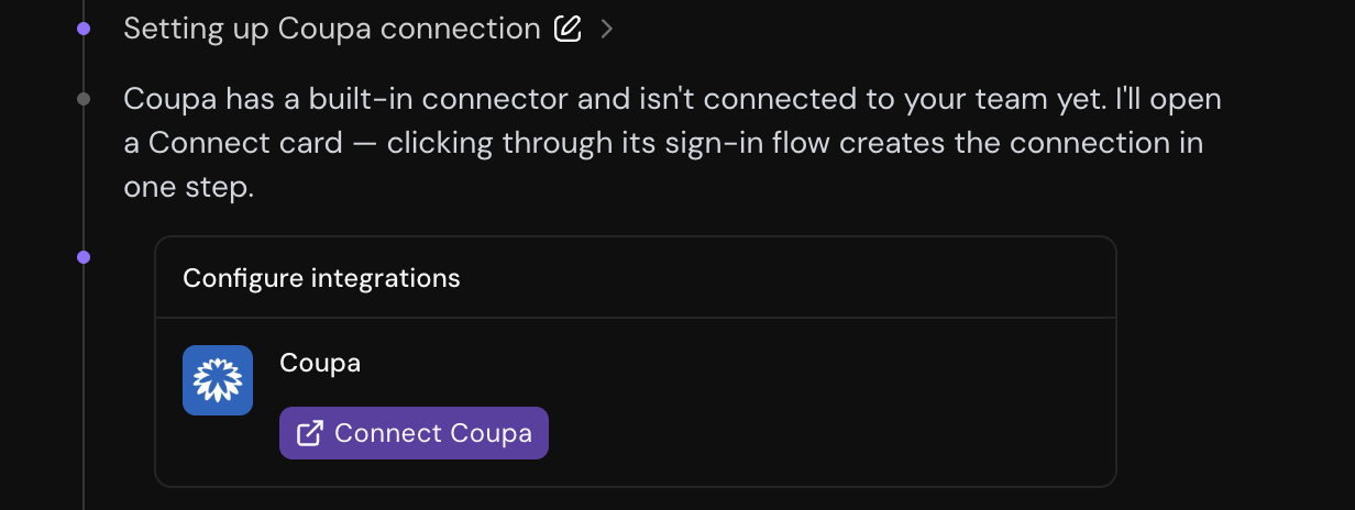 Catalyst chat showing a Configure integrations card with a Connect action