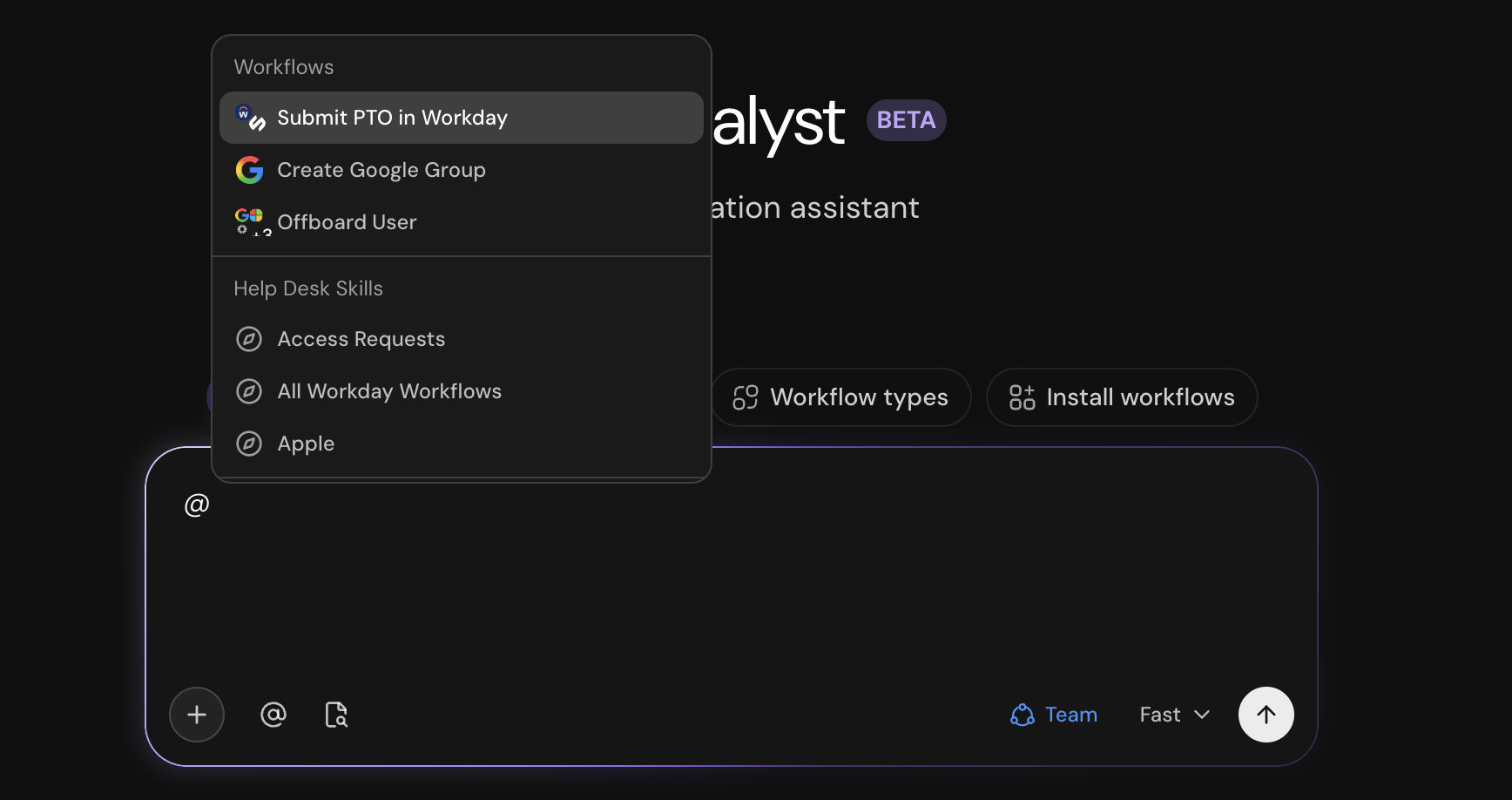 Catalyst composer with @ mention dropdown listing workflows and help desk skills