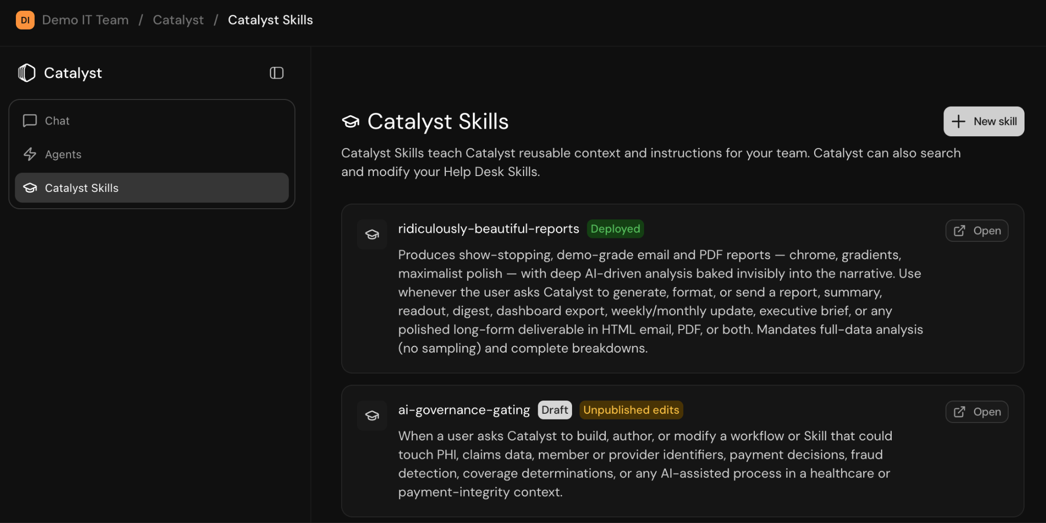 Catalyst skills page showing deployed and draft skills with Open actions
