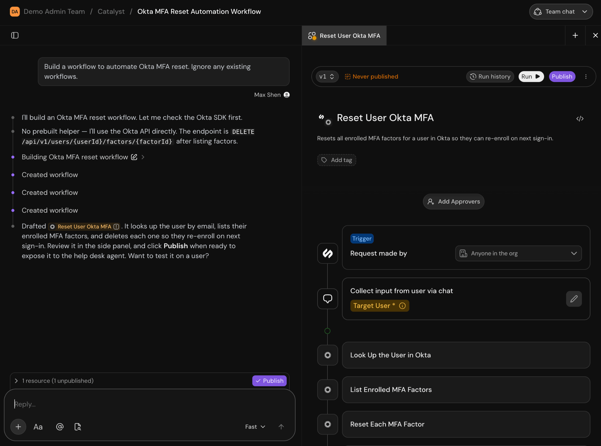 Catalyst resource panel showing a draft Okta MFA reset workflow beside the chat