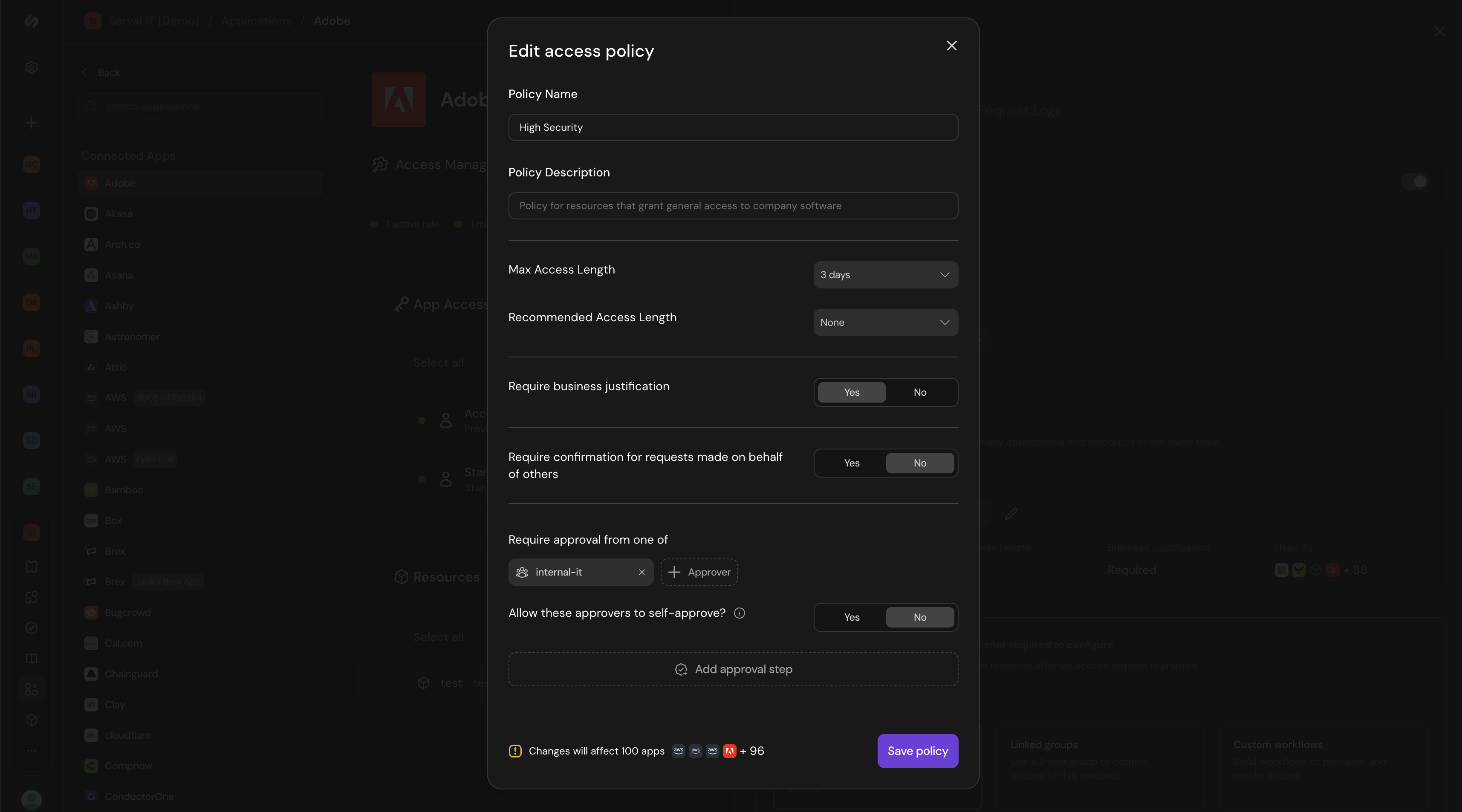 Access policy editor with duration, justification, and approval settings