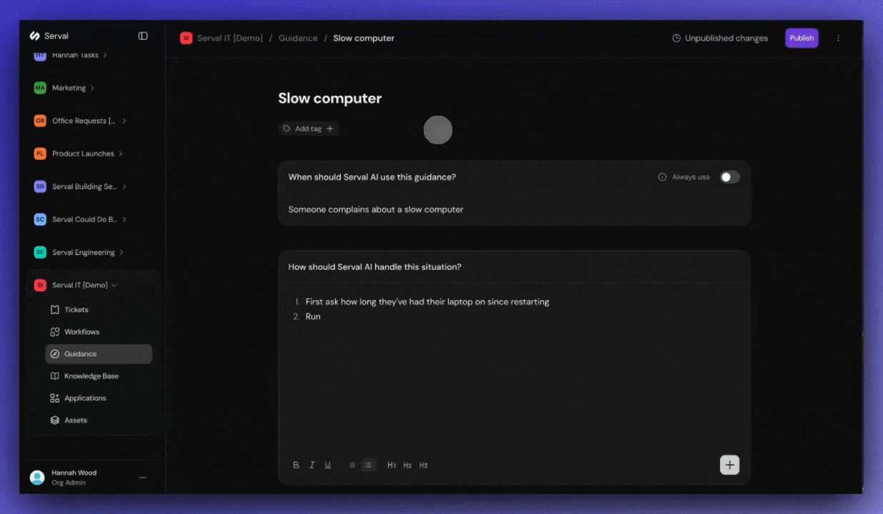 Tagging workflows and users in the guidance editor