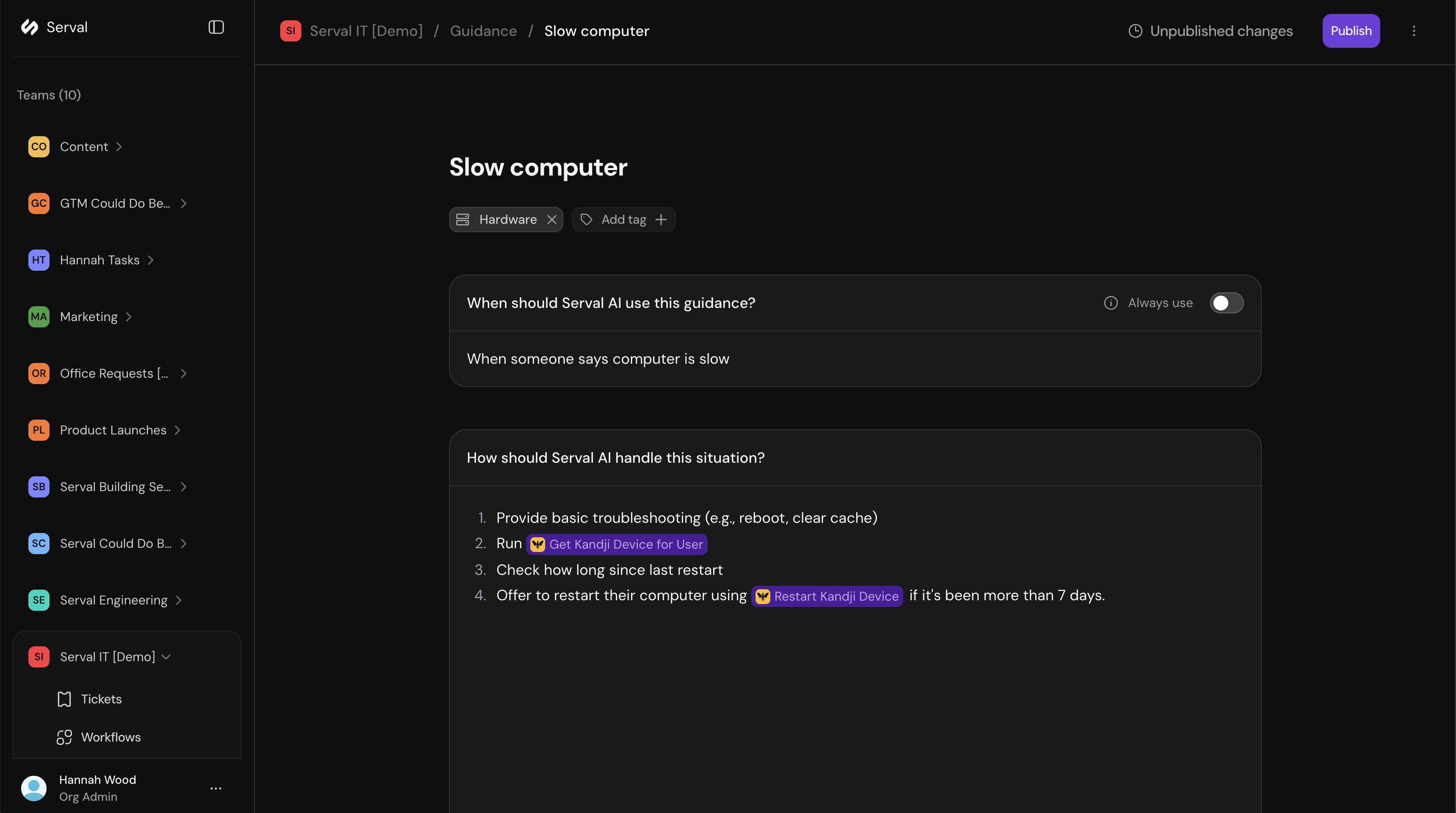Guidance editor showing slow computer troubleshooting instructions
