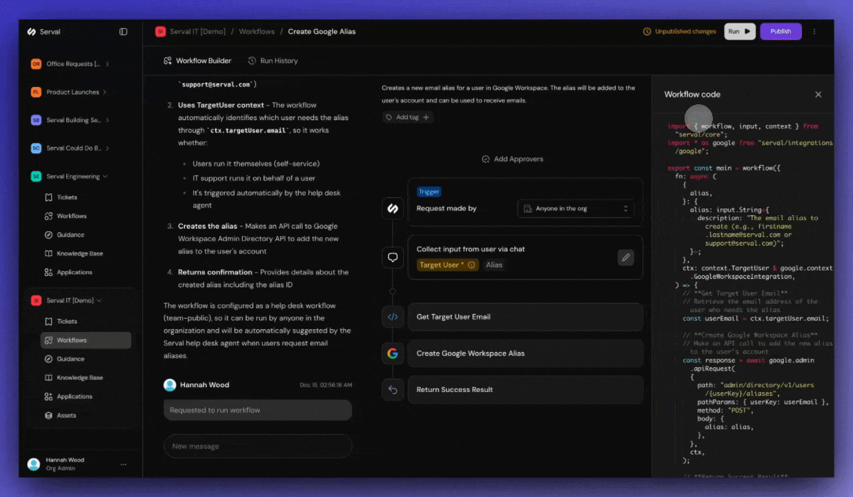 Running a workflow test and viewing execution results
