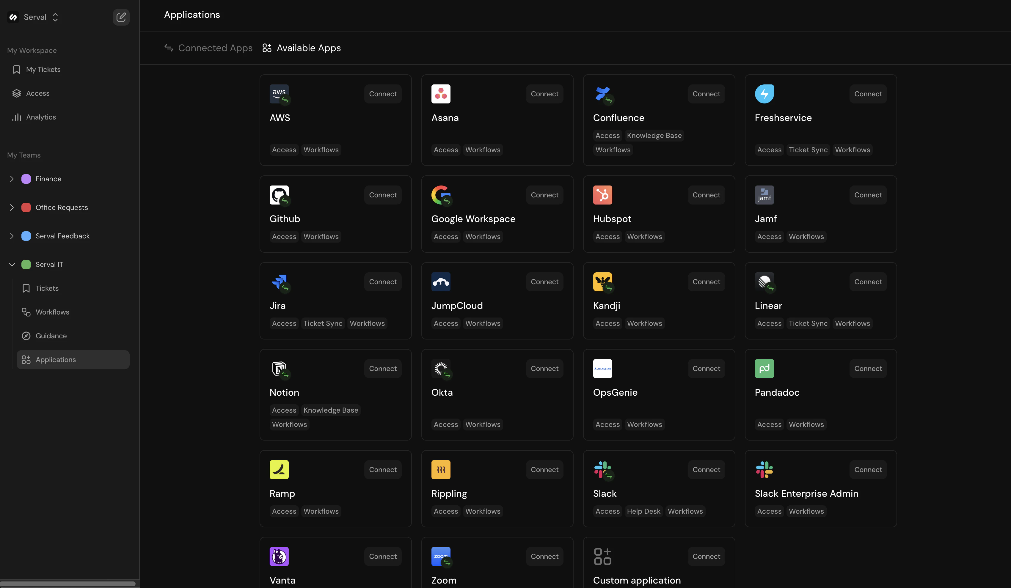 Serval integrations page showing available apps including Okta, Google Workspace, Slack, GitHub, Jira, and more