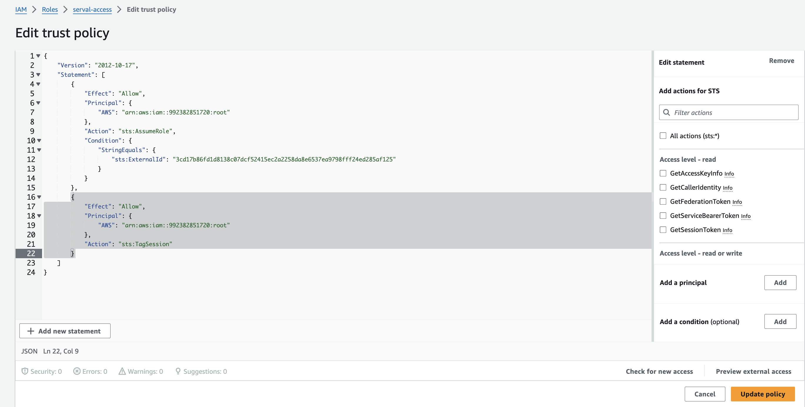AWS trust policy JSON in the console