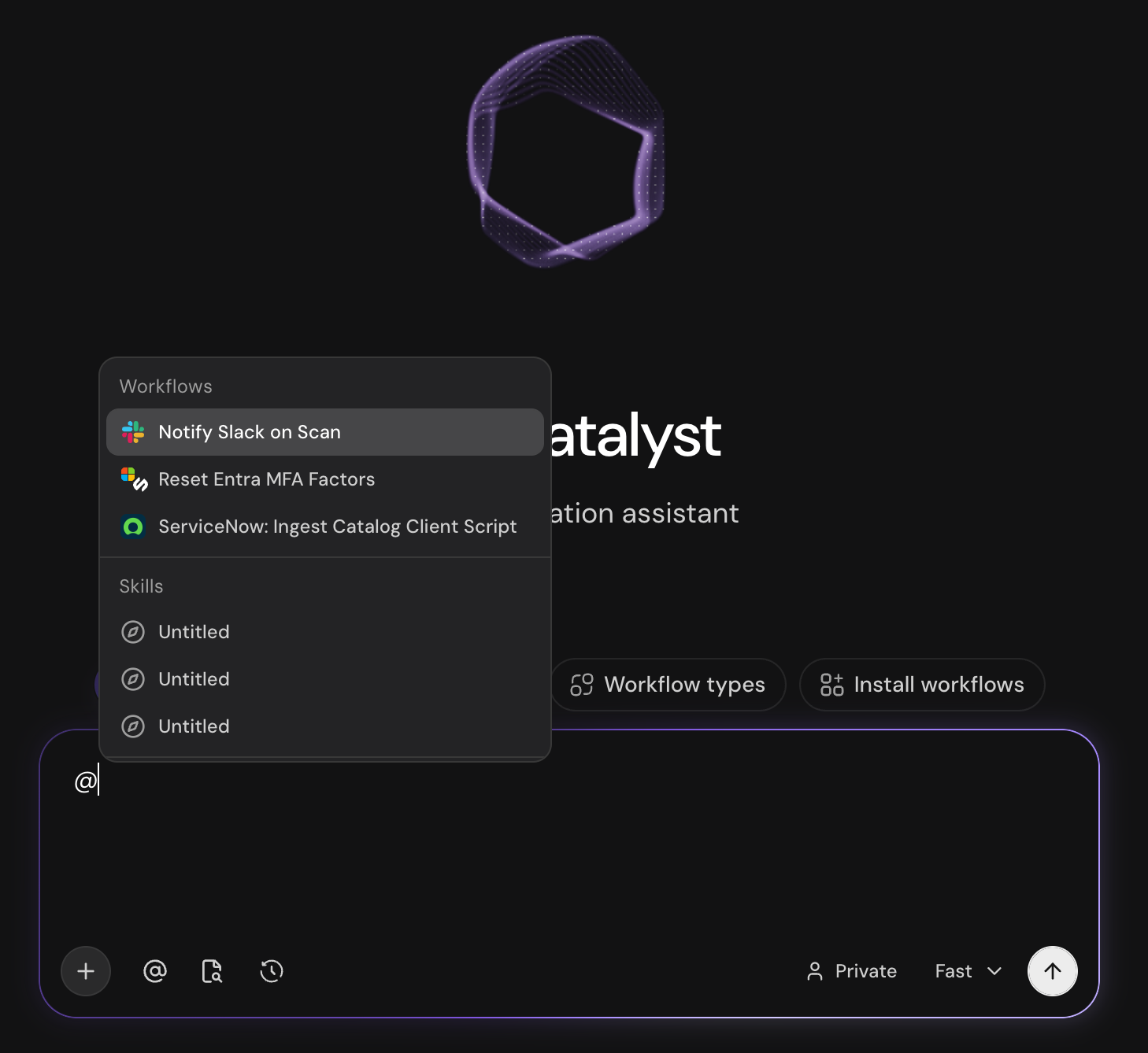 Catalyst composer with @ mention dropdown listing workflows and skills