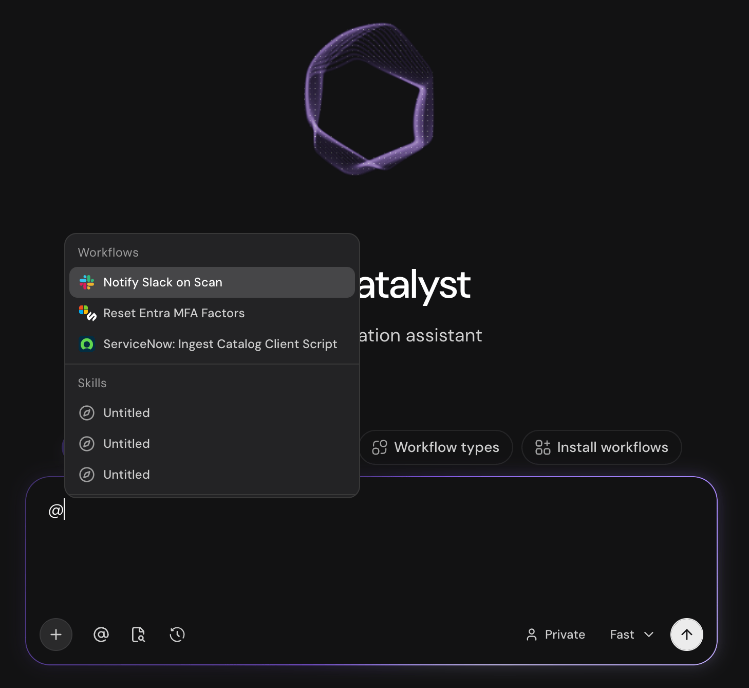 Catalyst composer with @ mention dropdown listing workflows and skills