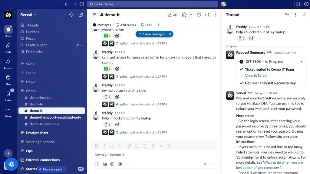 Slack thread with a Serval Request Summary card showing ticket status and inline workflow progress steps