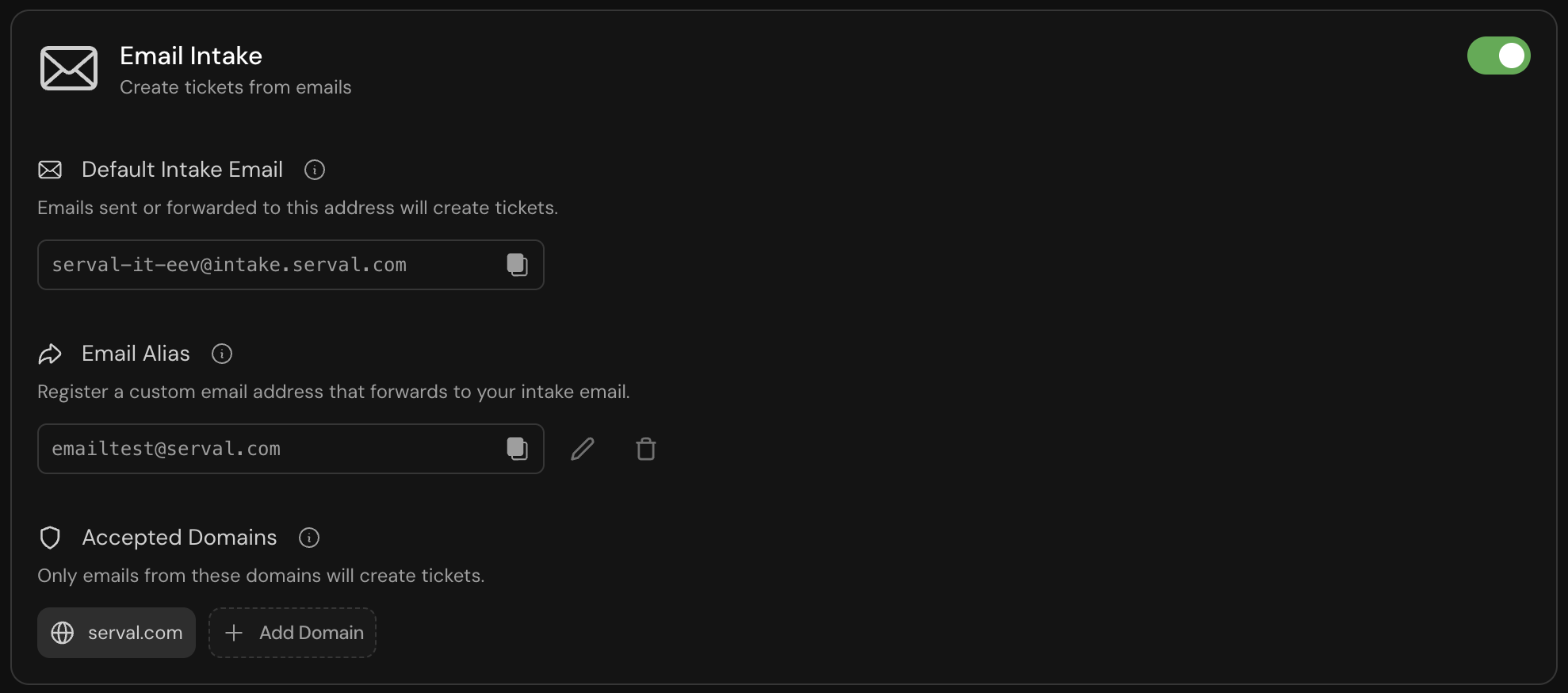 Email intake configuration modal