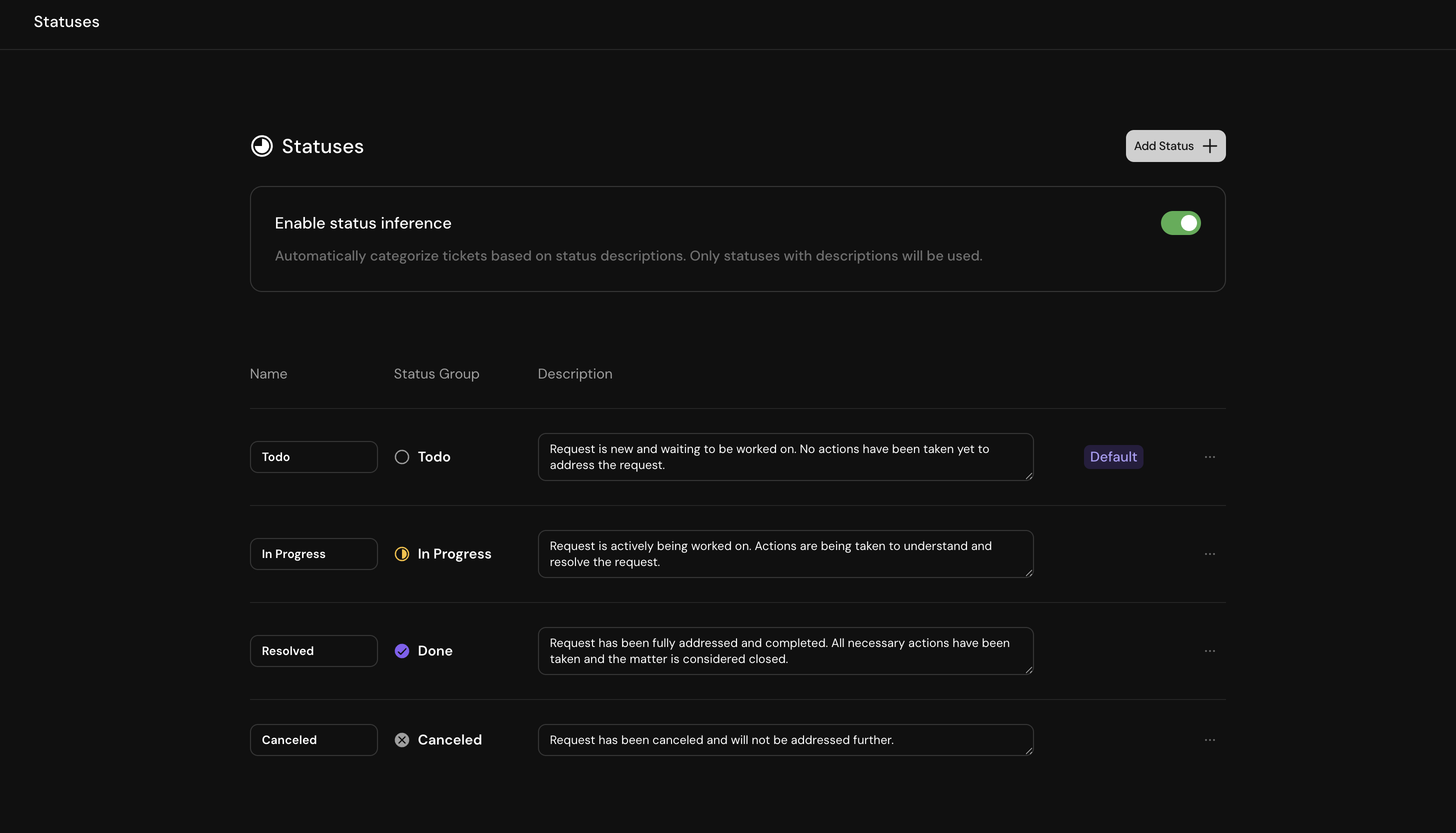Statuses configuration page showing available status options