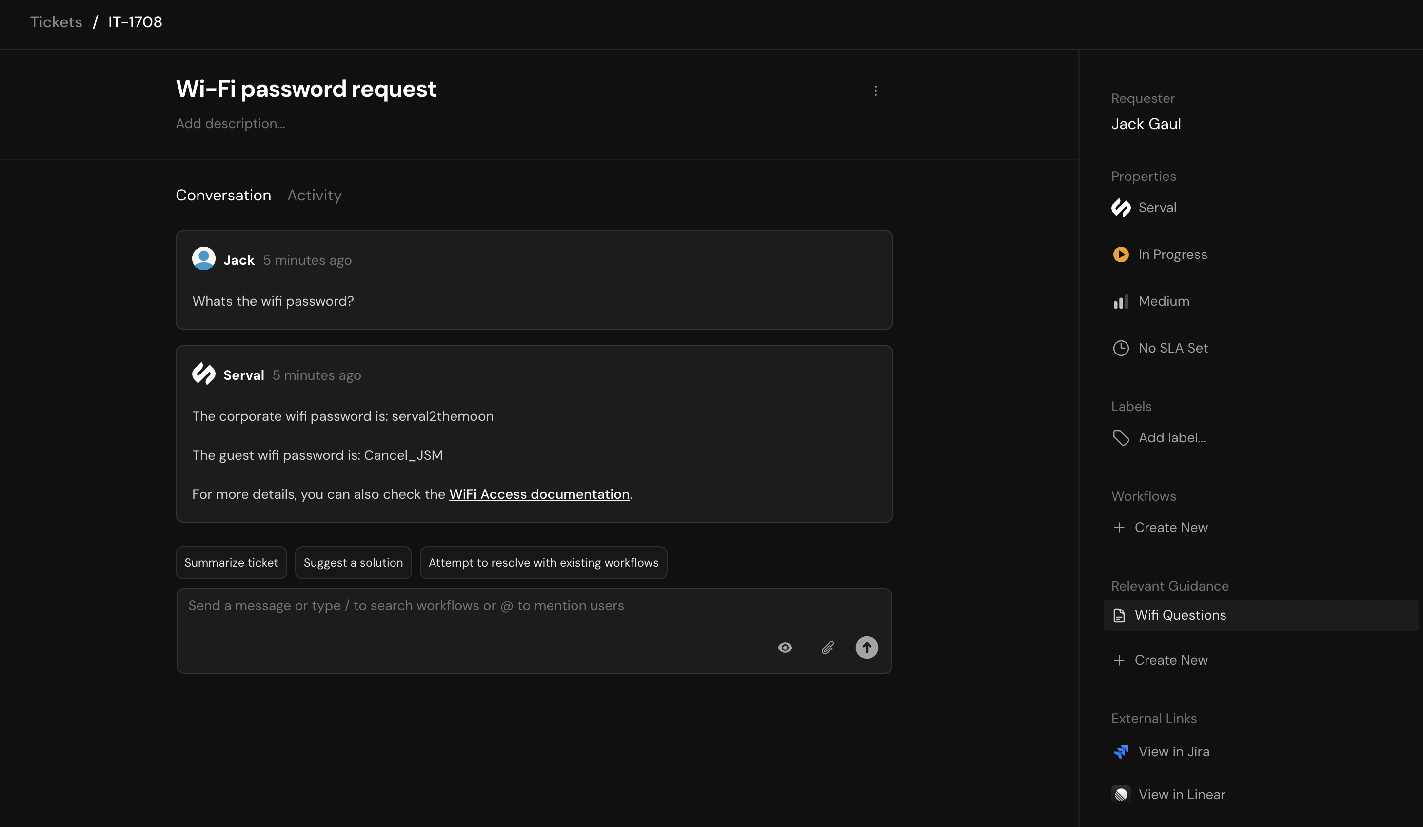Serval providing automated response using guidance
