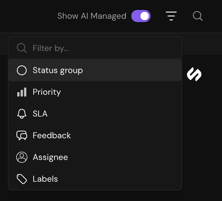 Filter dropdown showing ticket filtering options