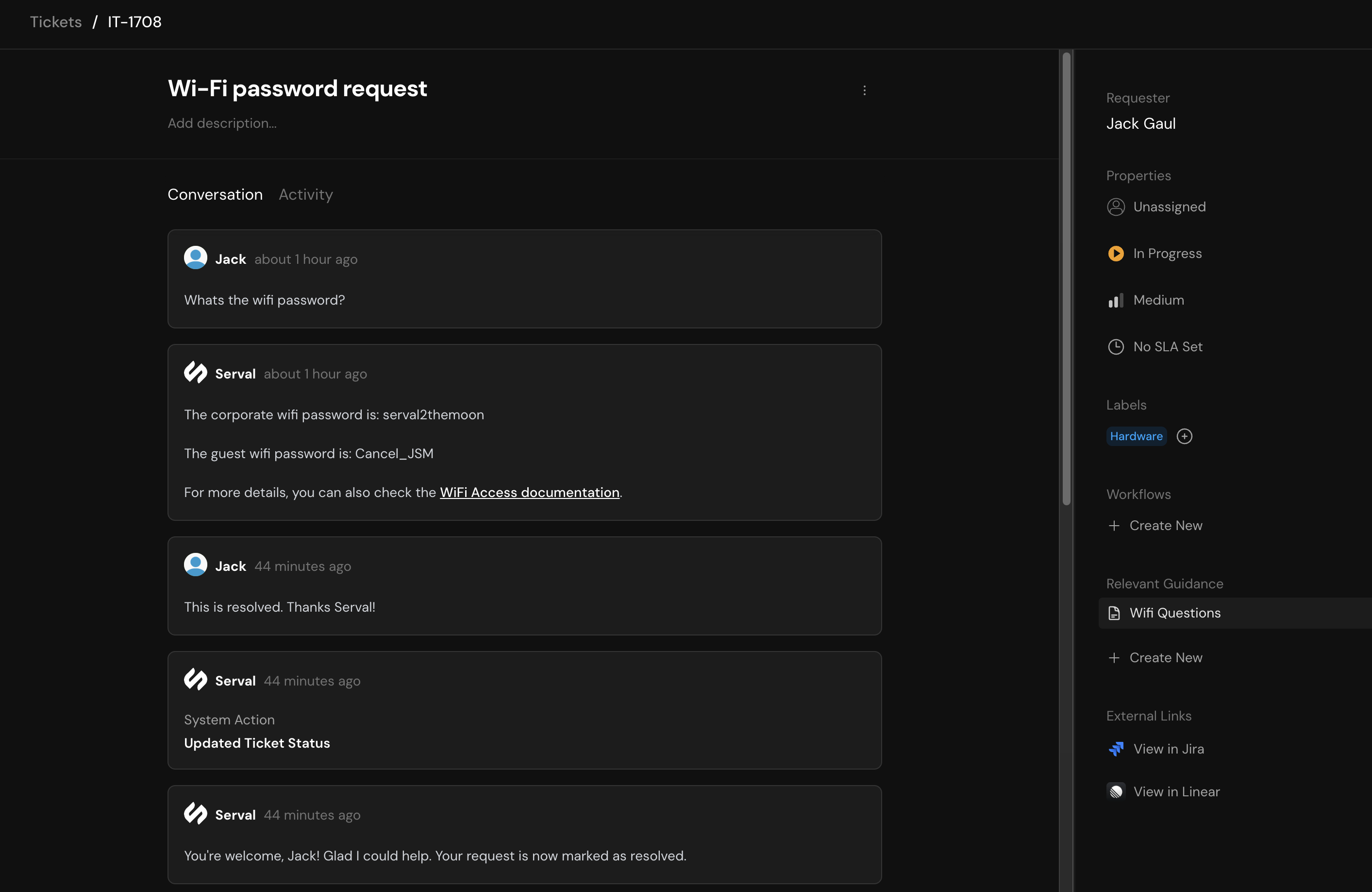 Resolved ticket showing complete conversation history