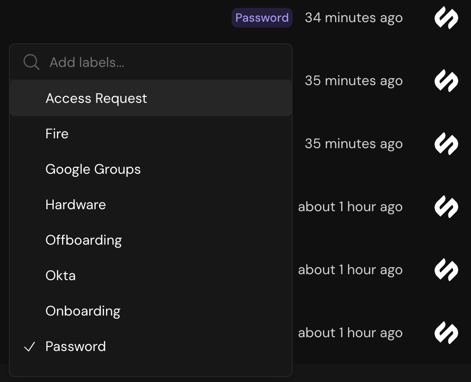 Labels dropdown for categorizing tickets