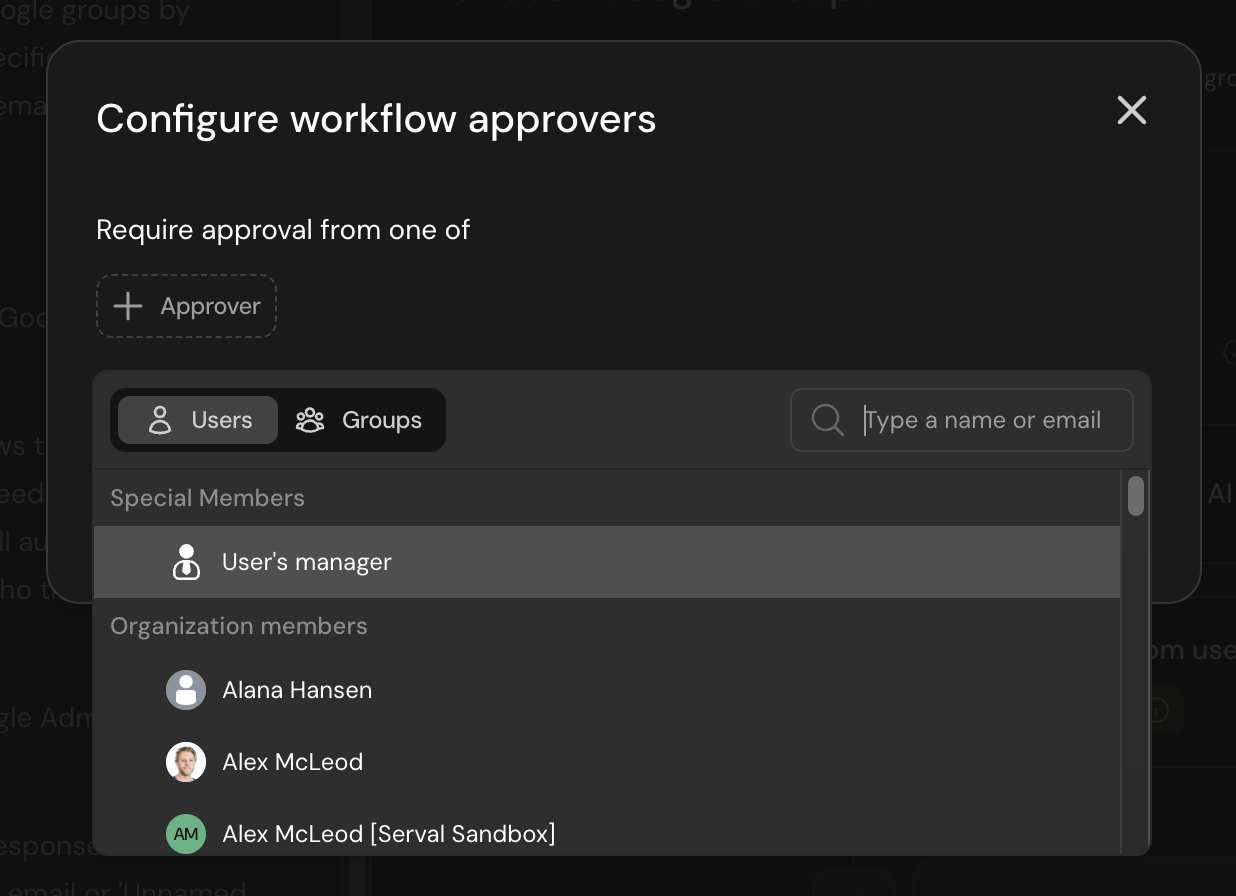 Workflow approvers configuration dialog showing approval options