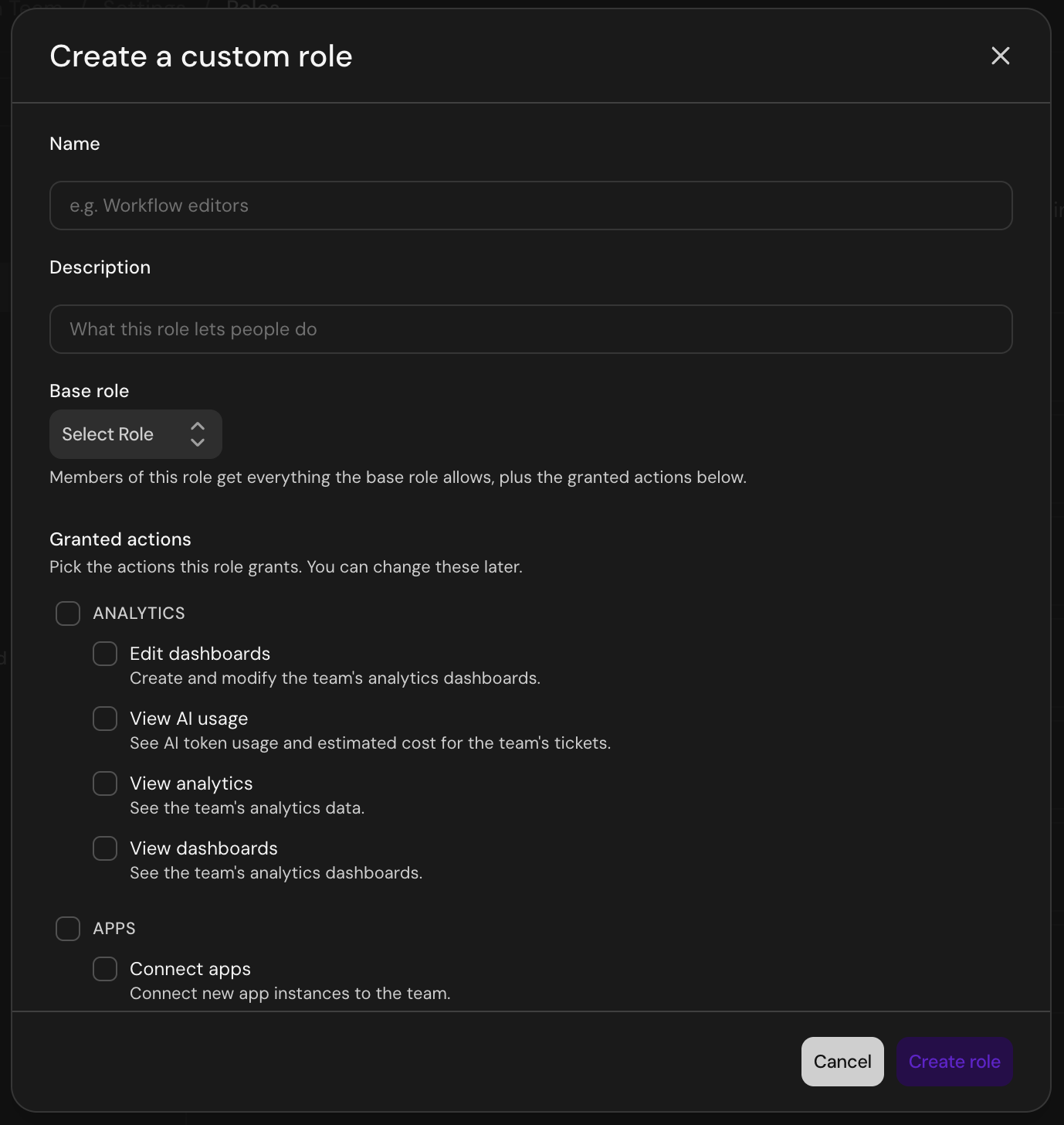 Create a custom role dialog with Name, Description, Base role, and Granted actions grouped by area