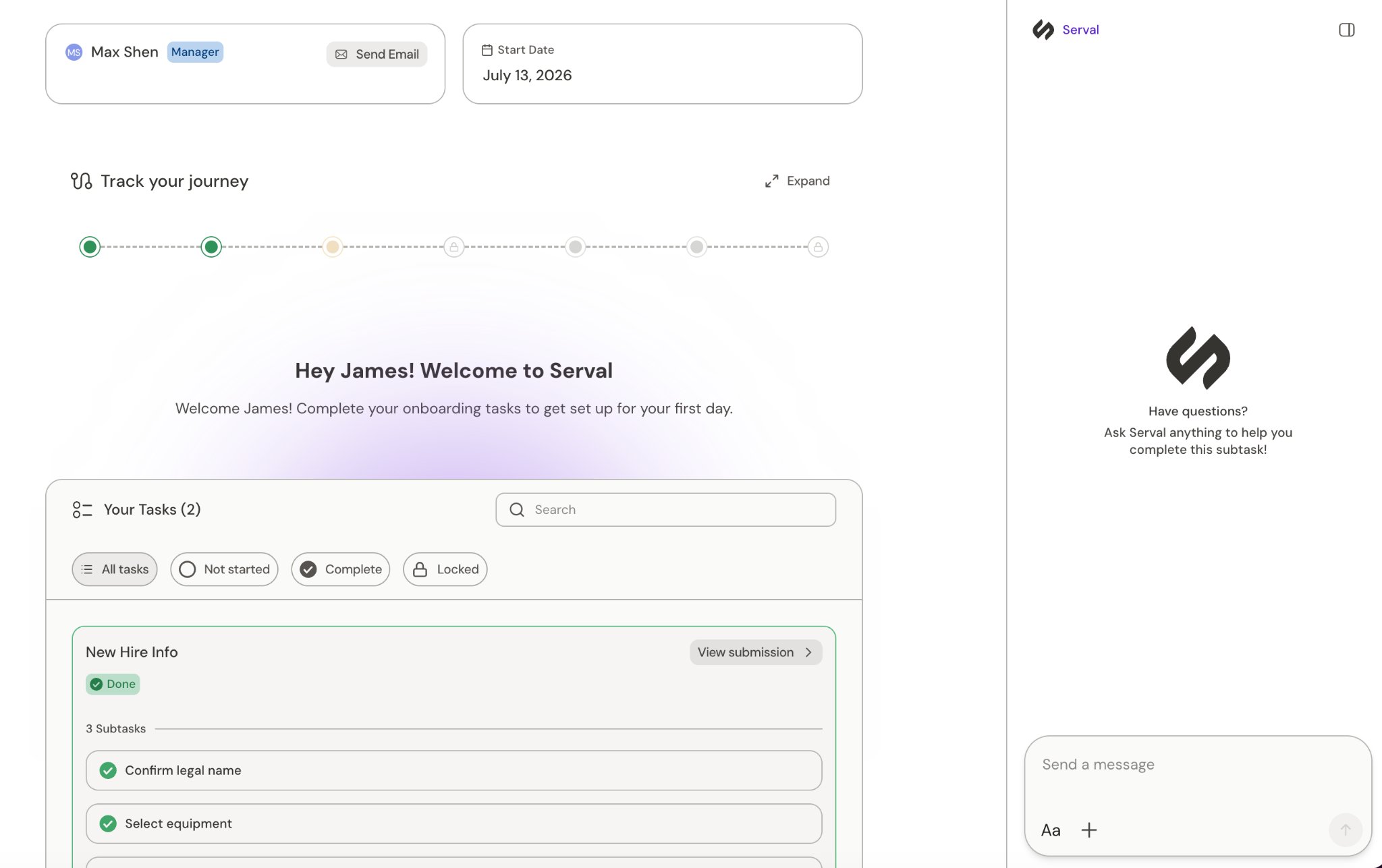 Journey Chat panel with the Help Desk agent open beside a journey's tasks