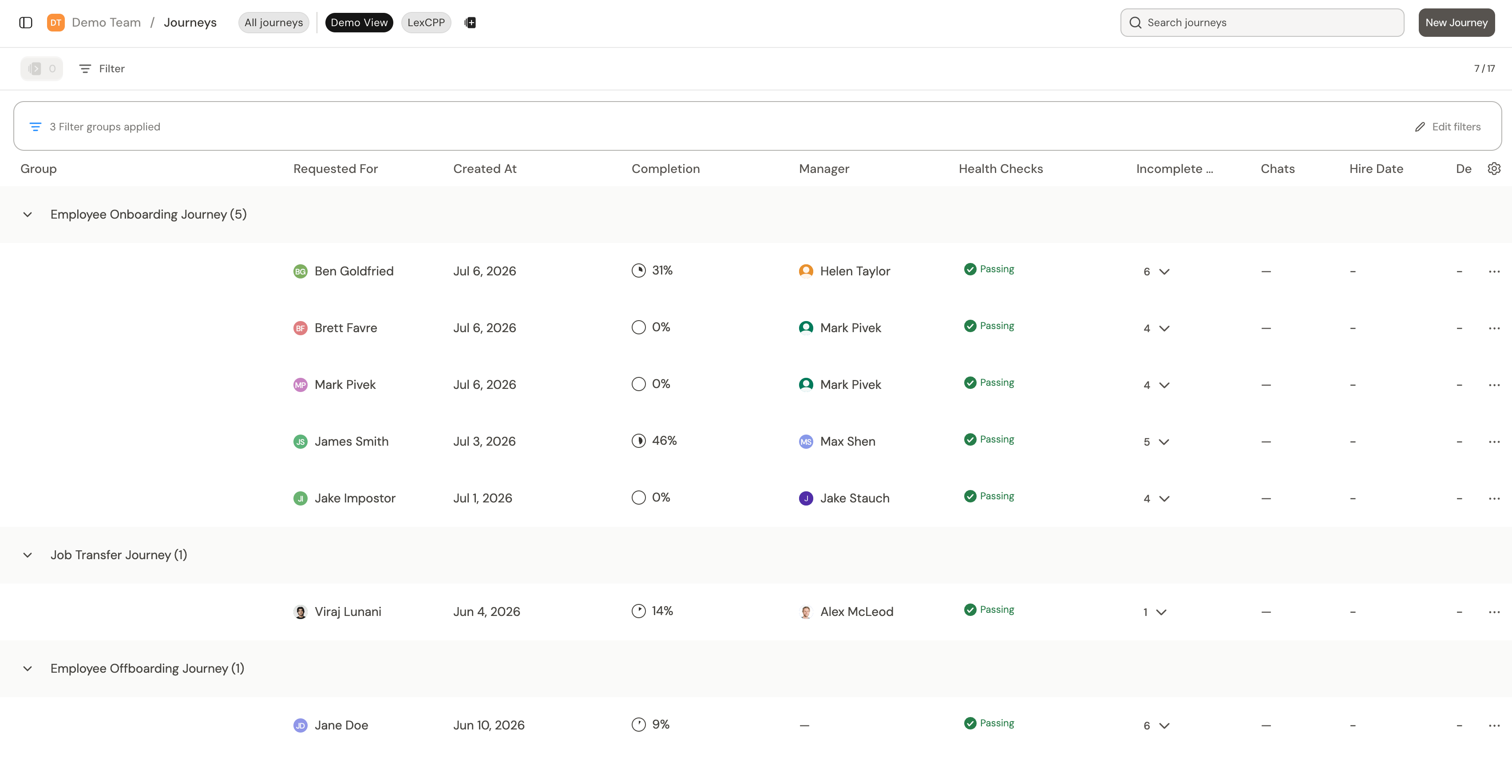 The team Journeys page in the sidebar, listing journeys for the team