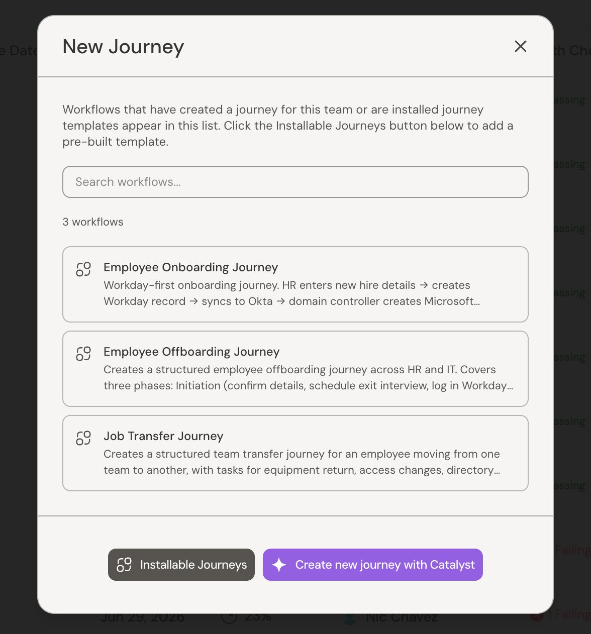 New Journey dialog listing available journey workflows, with Installable Journeys and Create new journey with Catalyst buttons