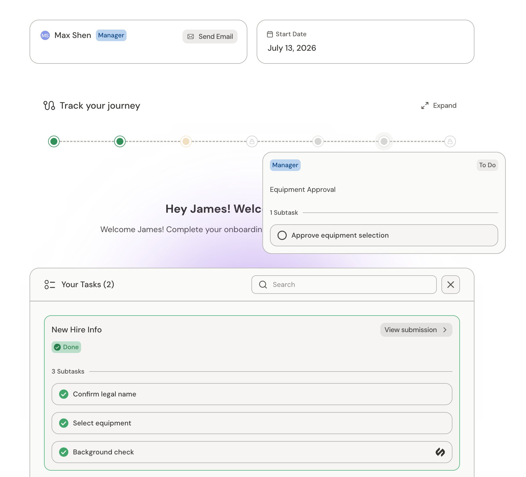 Requester view with the journey timeline and the requester's own tasks