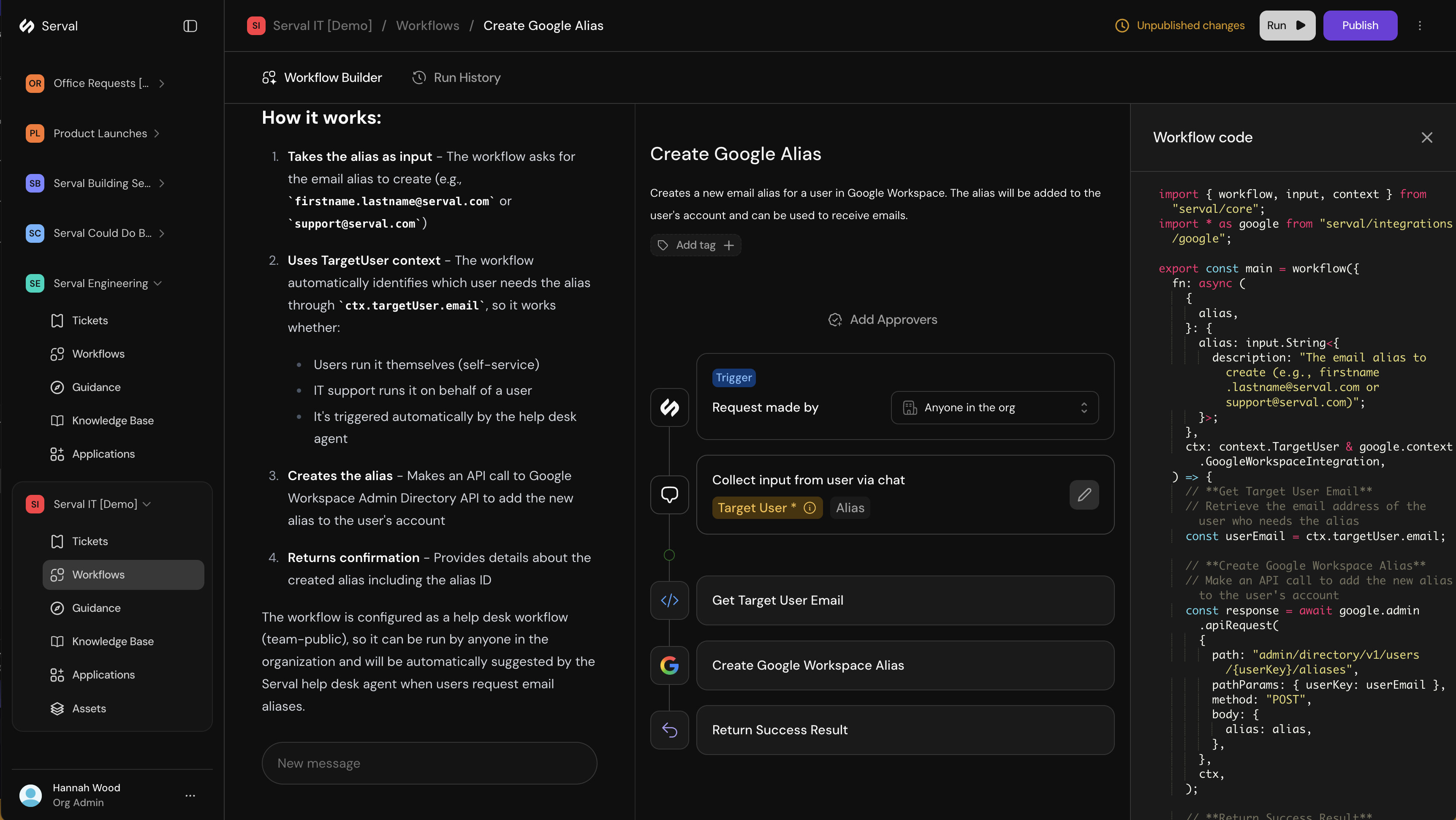 Workflow builder showing generated code and visual diagram