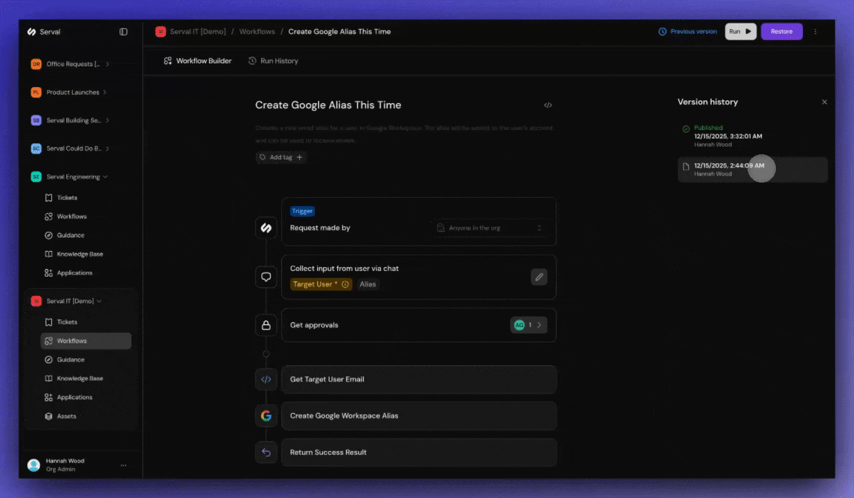 Selecting a version and clicking the Restore button