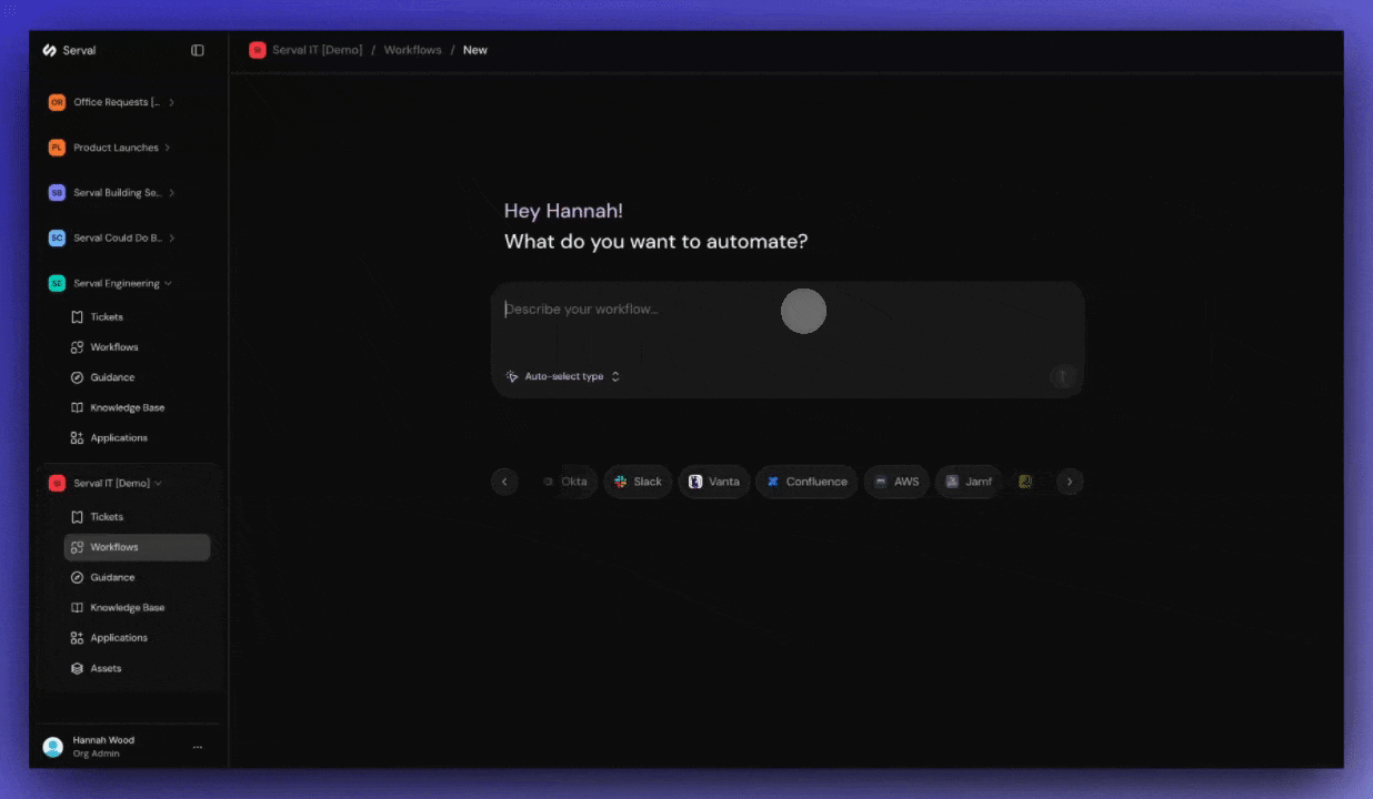 Typing a workflow description and Serval building the workflow