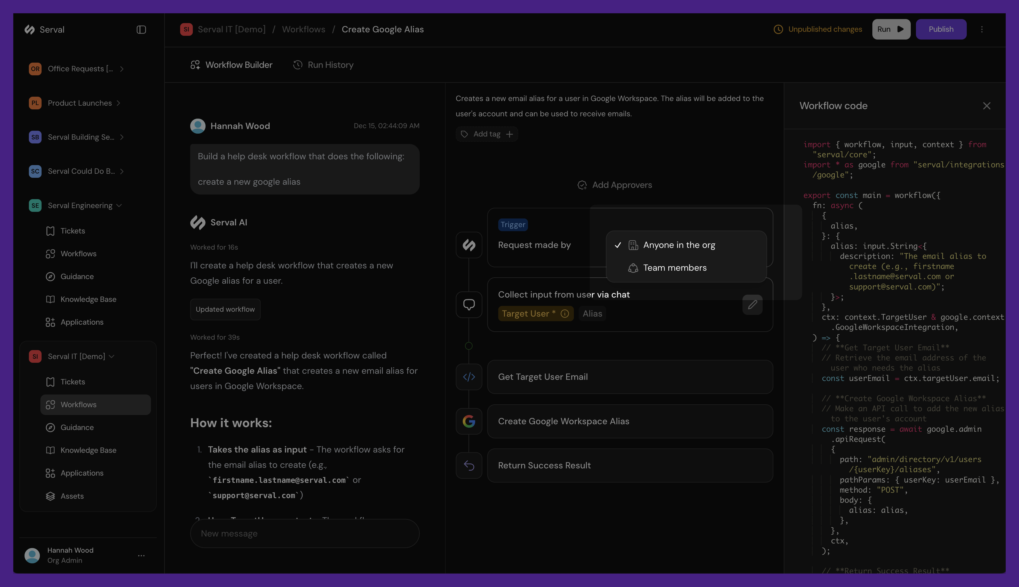 Workflow builder showing visibility scope selection
